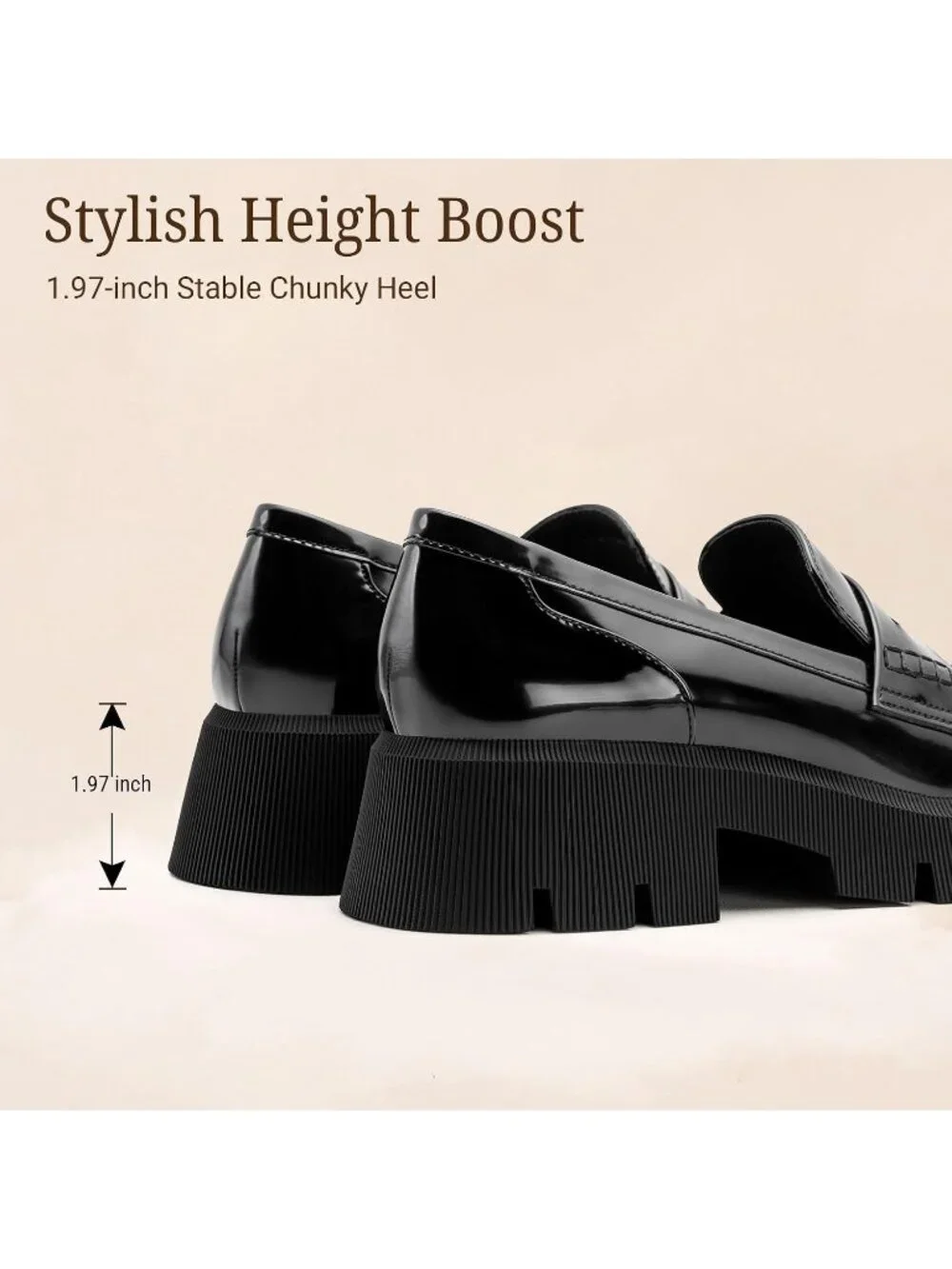 Women's Black Patent Round Toe Heeled Chunky Lug Sole Slip On Penny Loafer Shoes